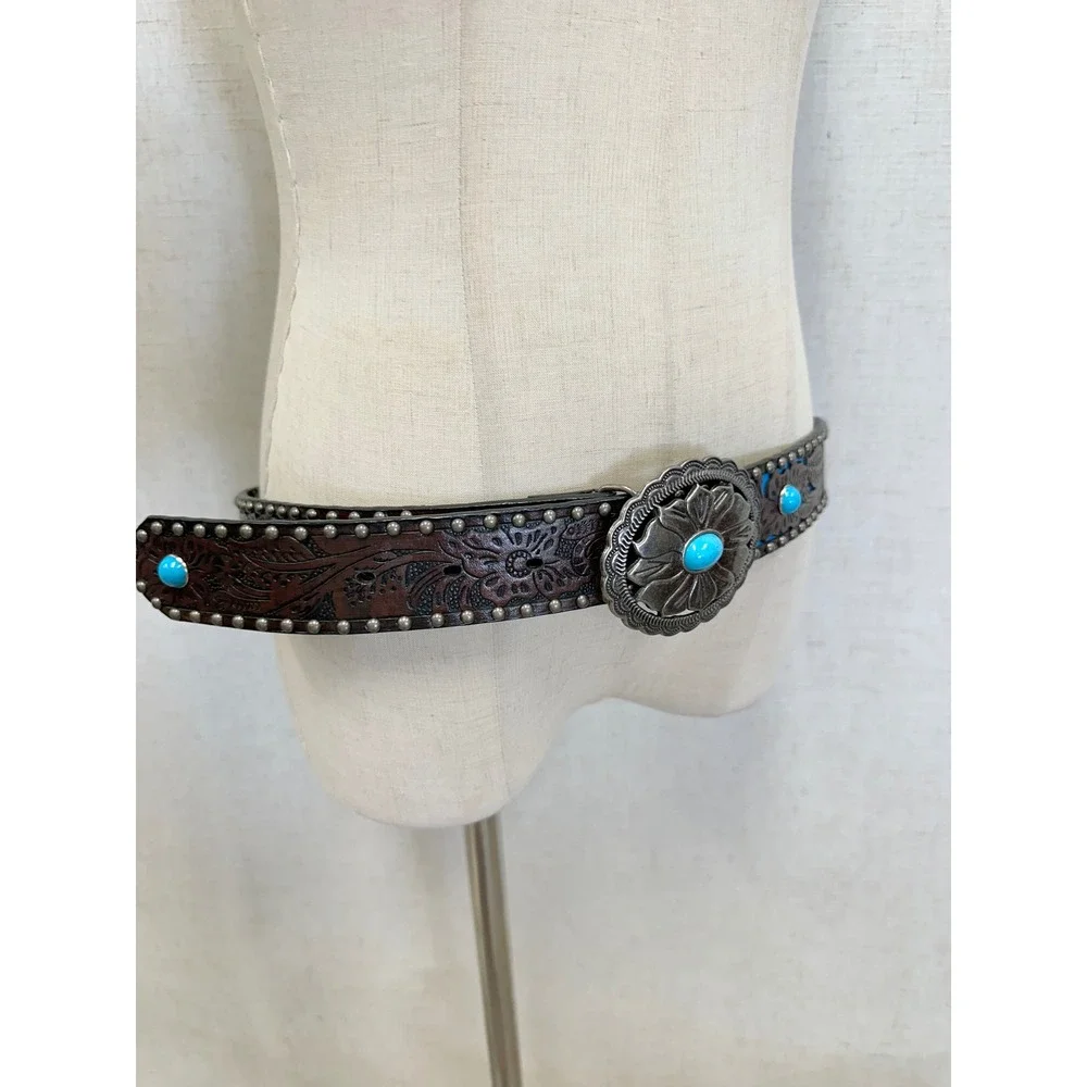 Leather Turquoise Floral Tooled Western Belt Womens Medium/Large Vegan‎ Leather